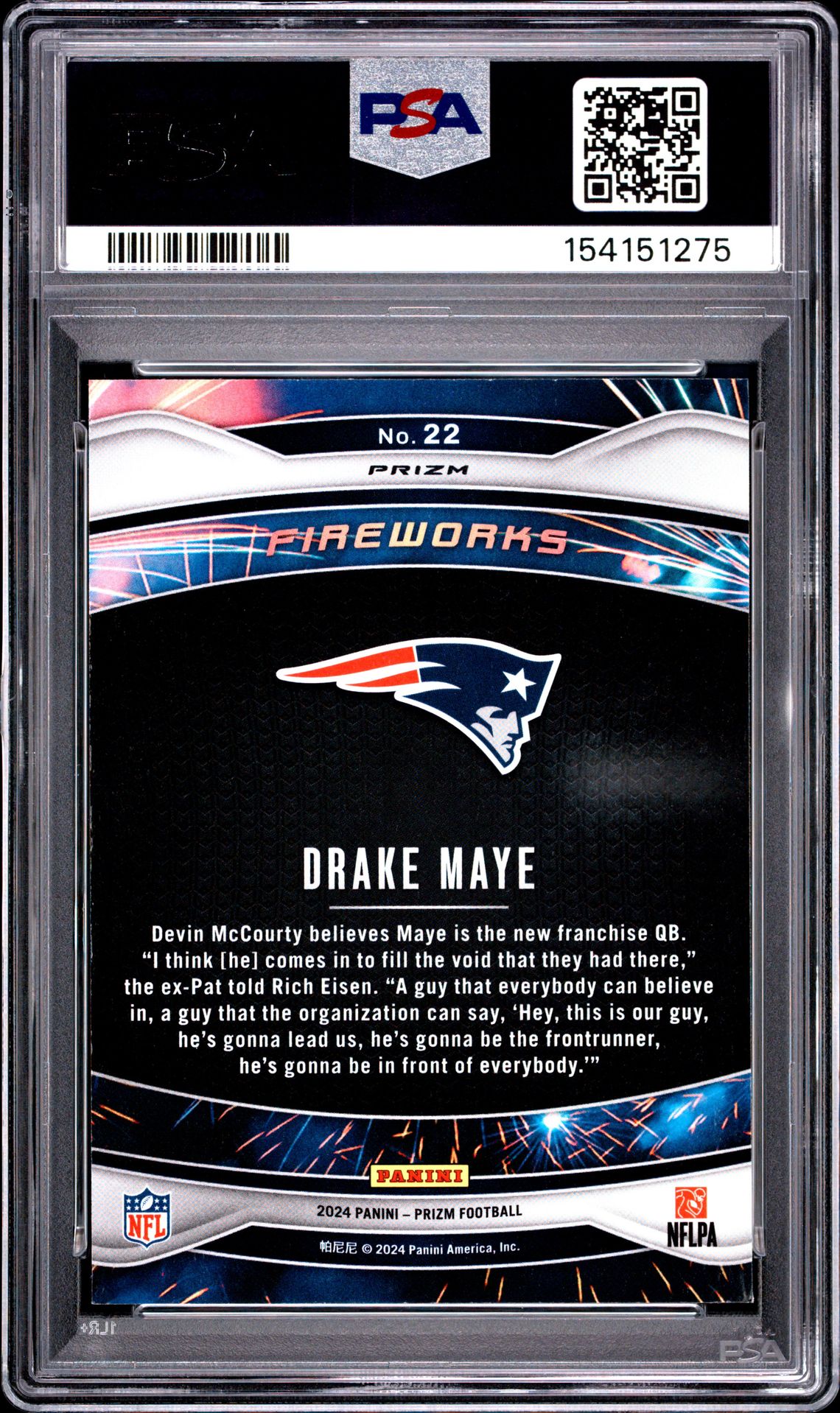 2024 Panini Prizm Fireworks Drake Maye #22 (Fireworks-Green Wave) Mint 9 back