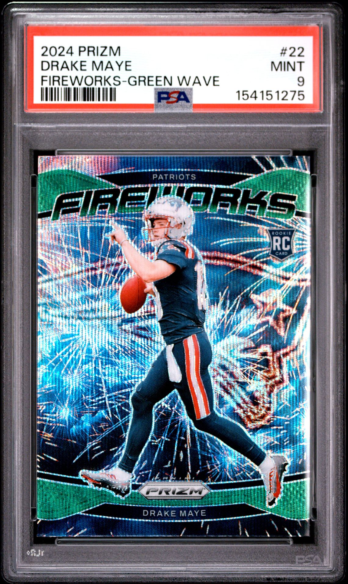 2024 Panini Prizm Fireworks Drake Maye #22 (Fireworks-Green Wave) Mint 9 front
