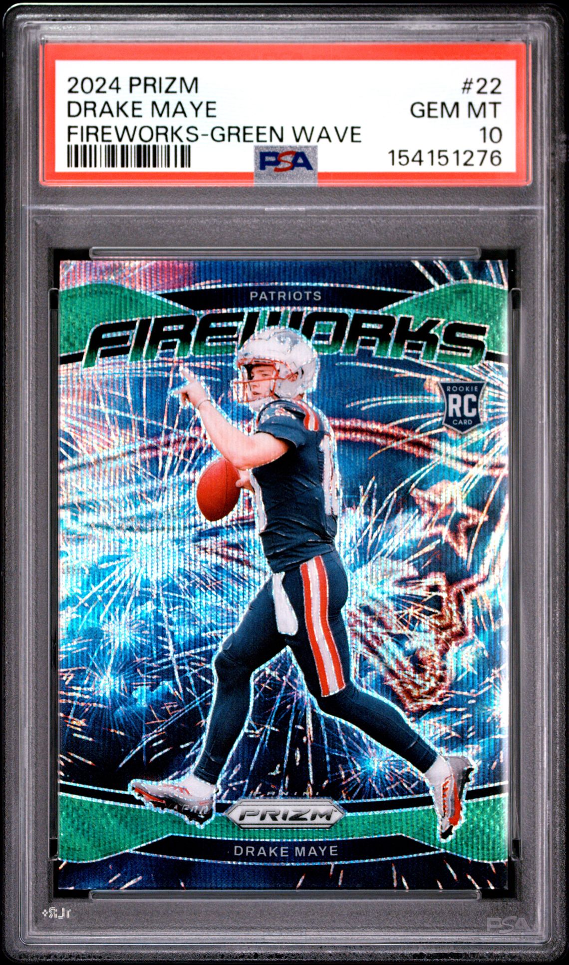 2024 PANINI PRIZM FIREWORKS DRAKE MAYE FIREWORKS-GREEN WAVE 22 GEM MT 10 front