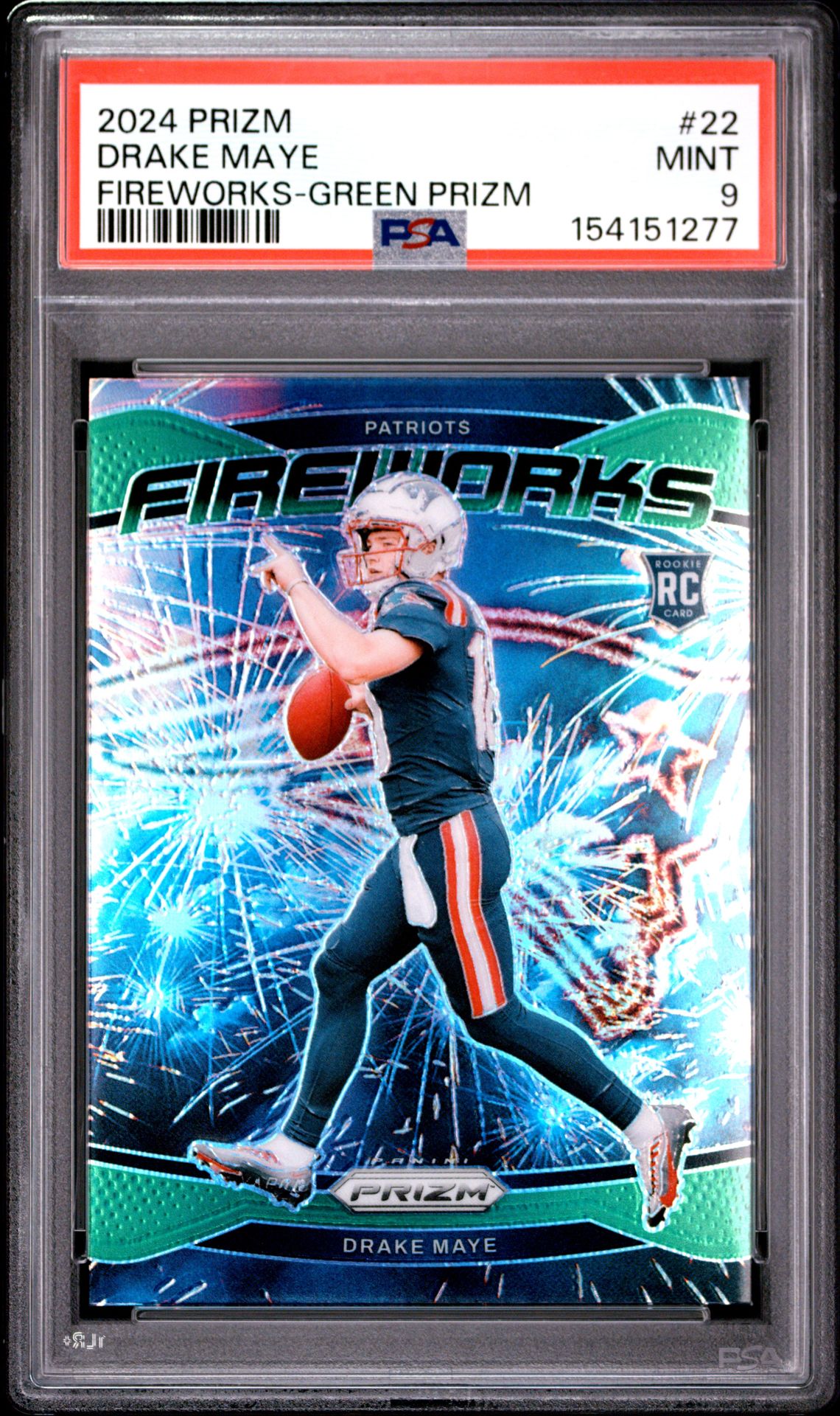 2024 Panini Prizm Fireworks Drake Maye #22 (Fireworks-Green Prizm) Mint 9 front