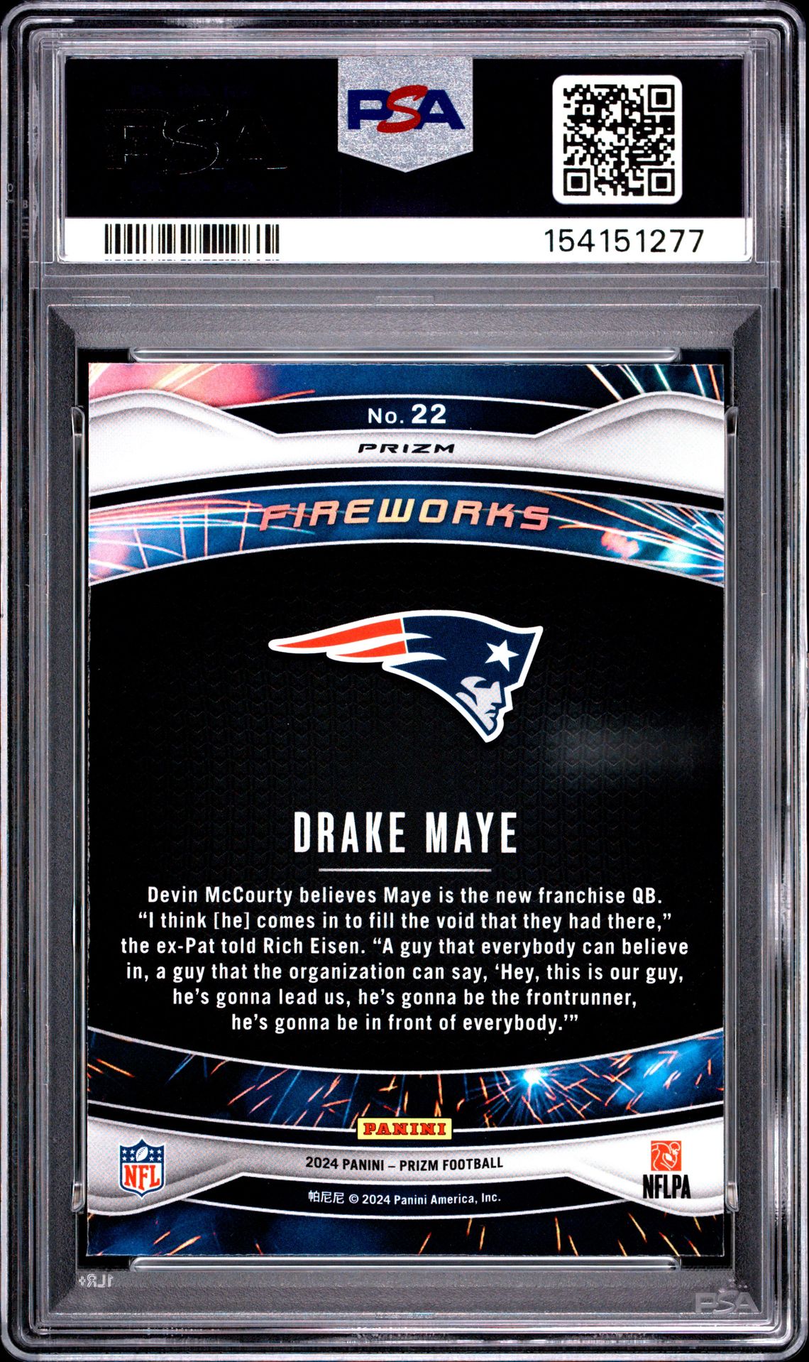 2024 Panini Prizm Fireworks Drake Maye #22 (Fireworks-Green Prizm) Mint 9 back