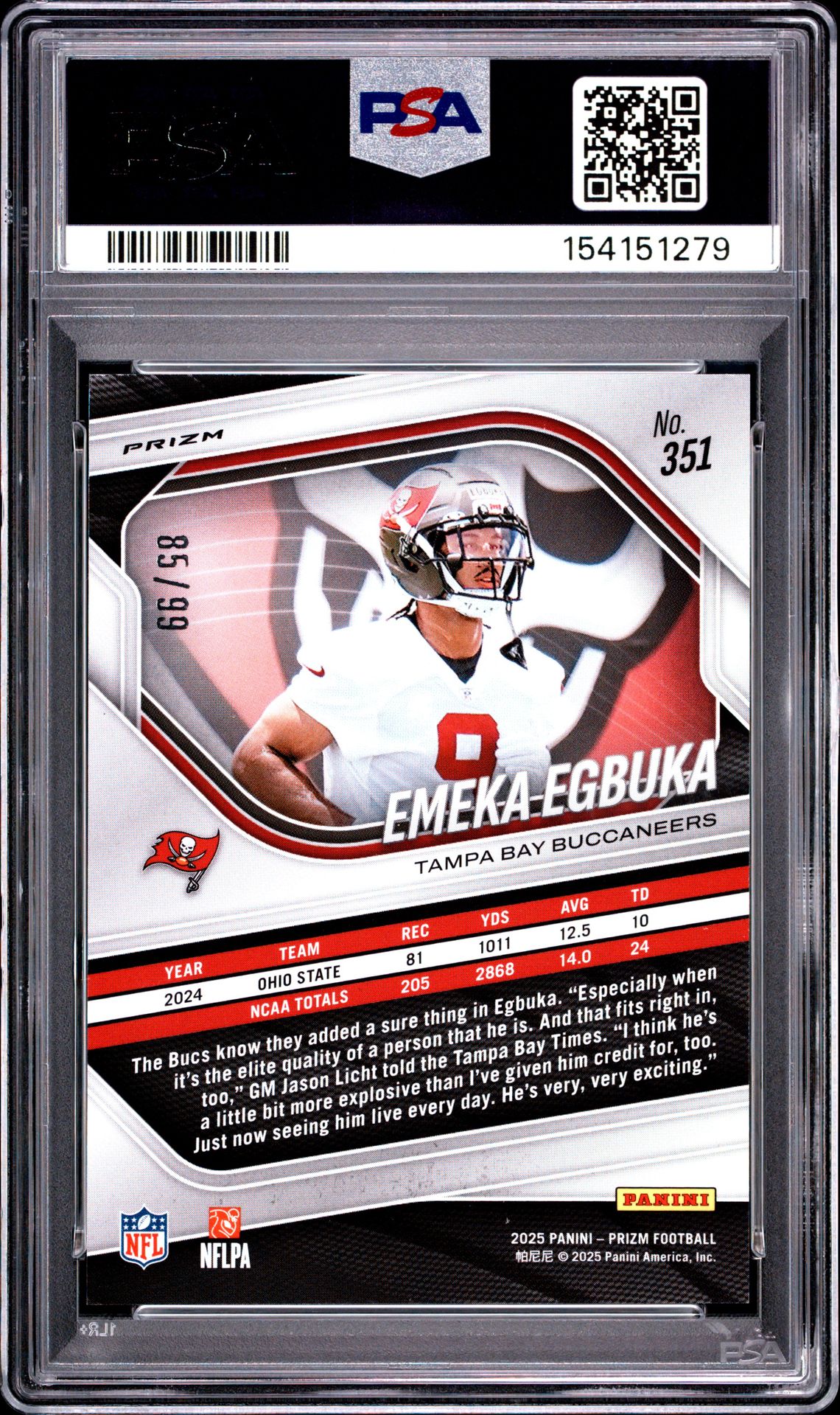 2025 Panini Prizm Emeka Egbuka #351 (Blue Ice) Mint 9 back