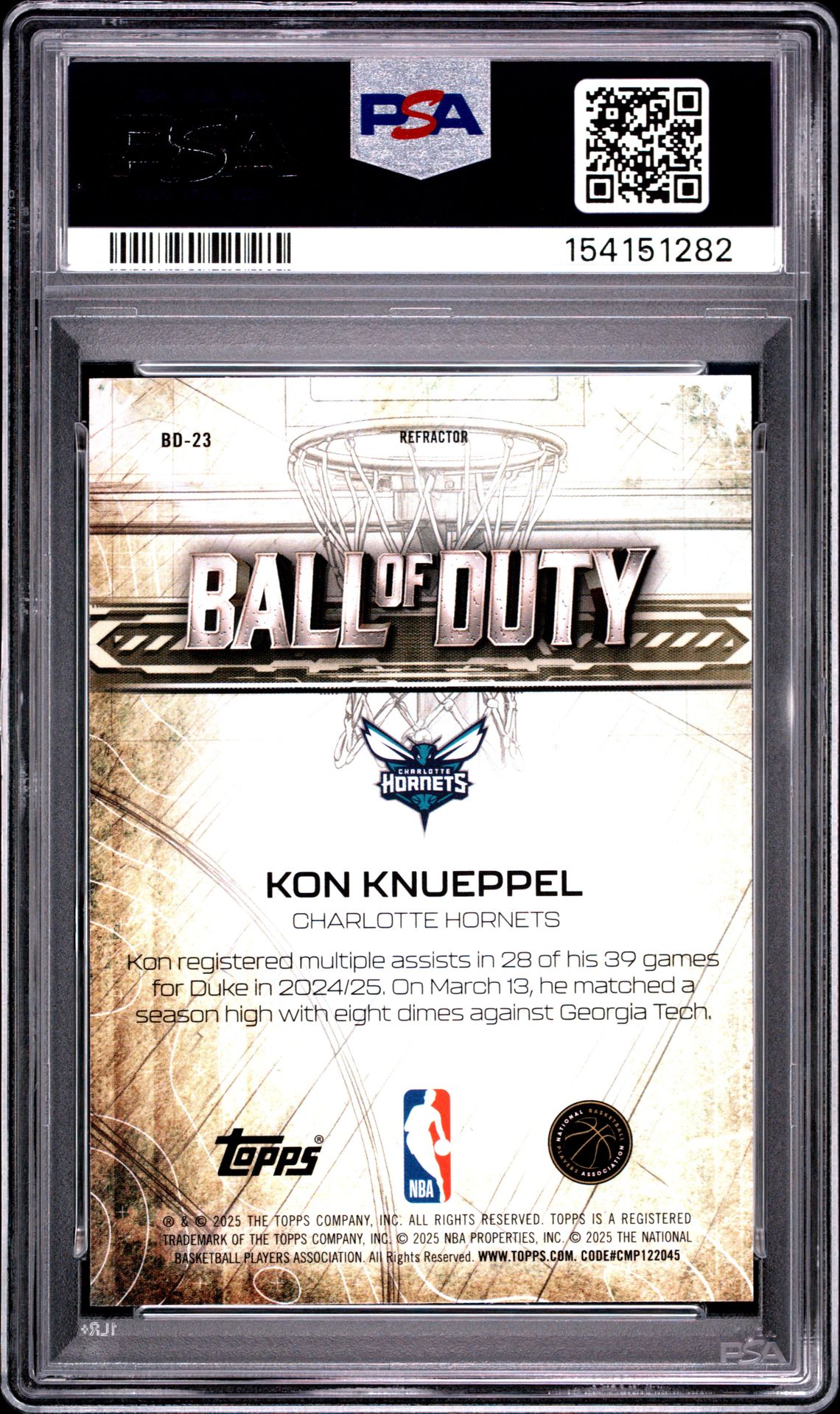 2025 Topps Chrome Ball Of Duty Kon Knueppel #Bd-23 (Ball Of Duty-Refractor) Gem Mt 10 back view - PSA certificate #154151282