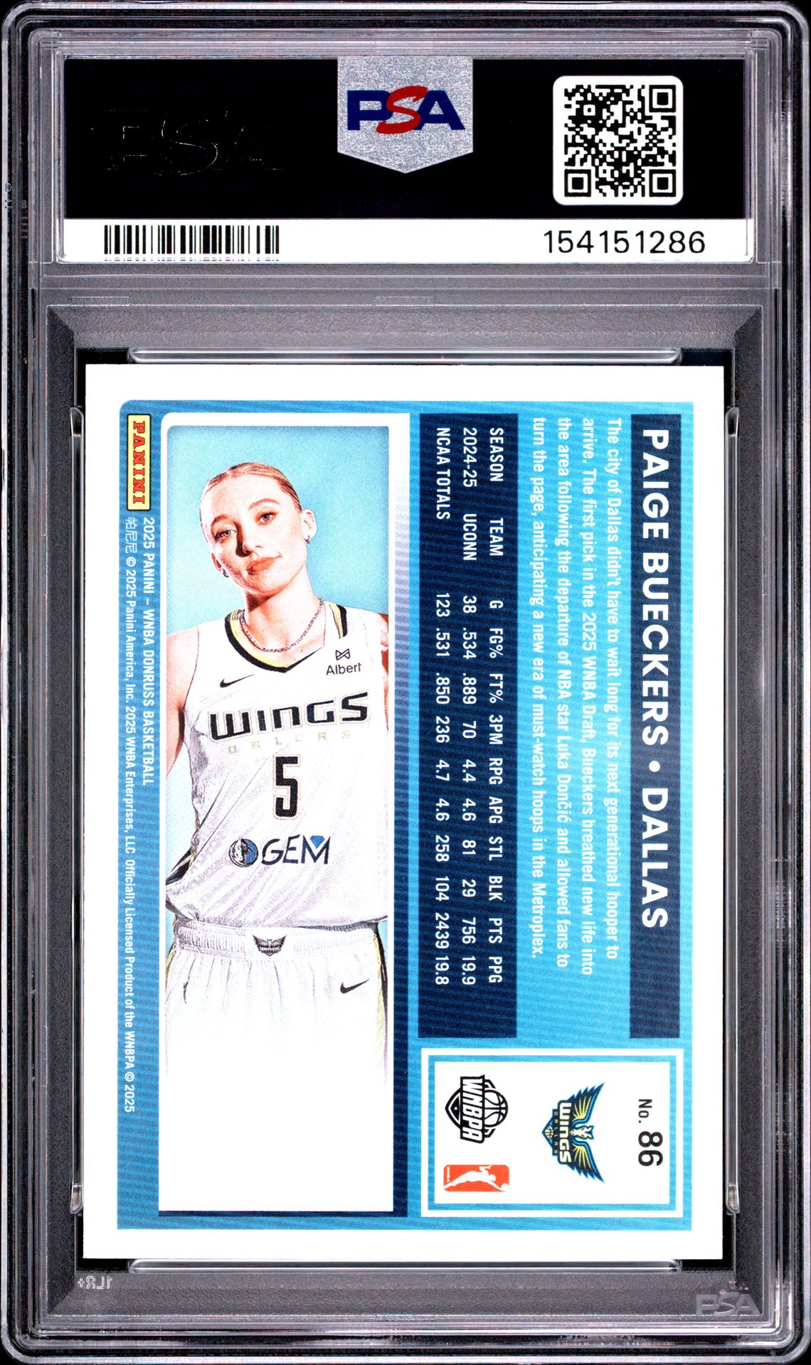 2025 Panini Donruss Wnba Paige Bueckers #86 (Holo) Gem Mt 10 back view - PSA certificate #154151286