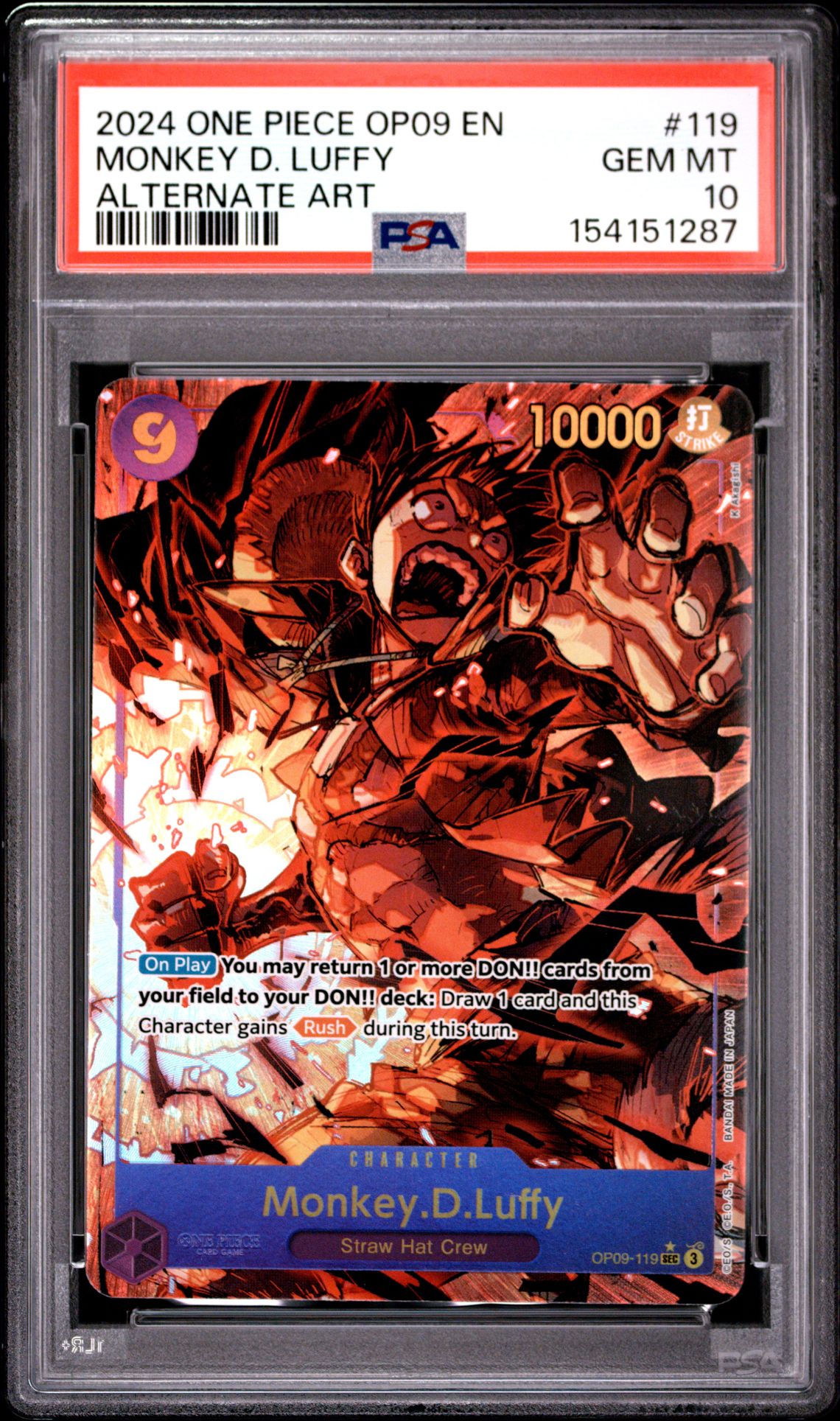 2024 ONE PIECE OP09-EMPERORS IN THE NEW WORLD MONKEY D. LUFFY ALTERNATE ART 119 GEM MT 10 front