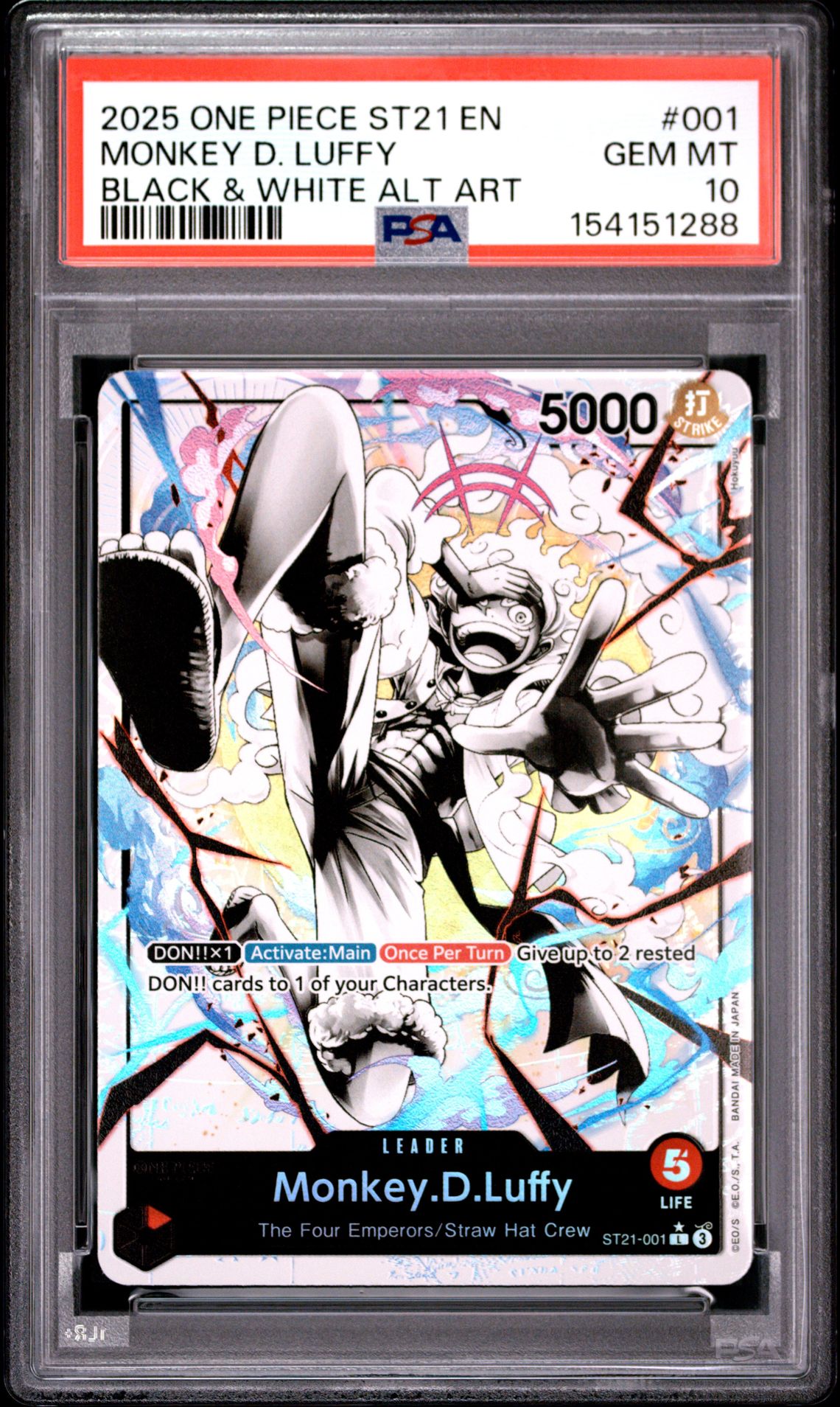 2025 One Piece Starter Deck St21-Ex Gear 5 Monkey D. Luffy #001 (Black & White Alt Art) Gem Mt 10 front view - PSA graded GEM MT 10