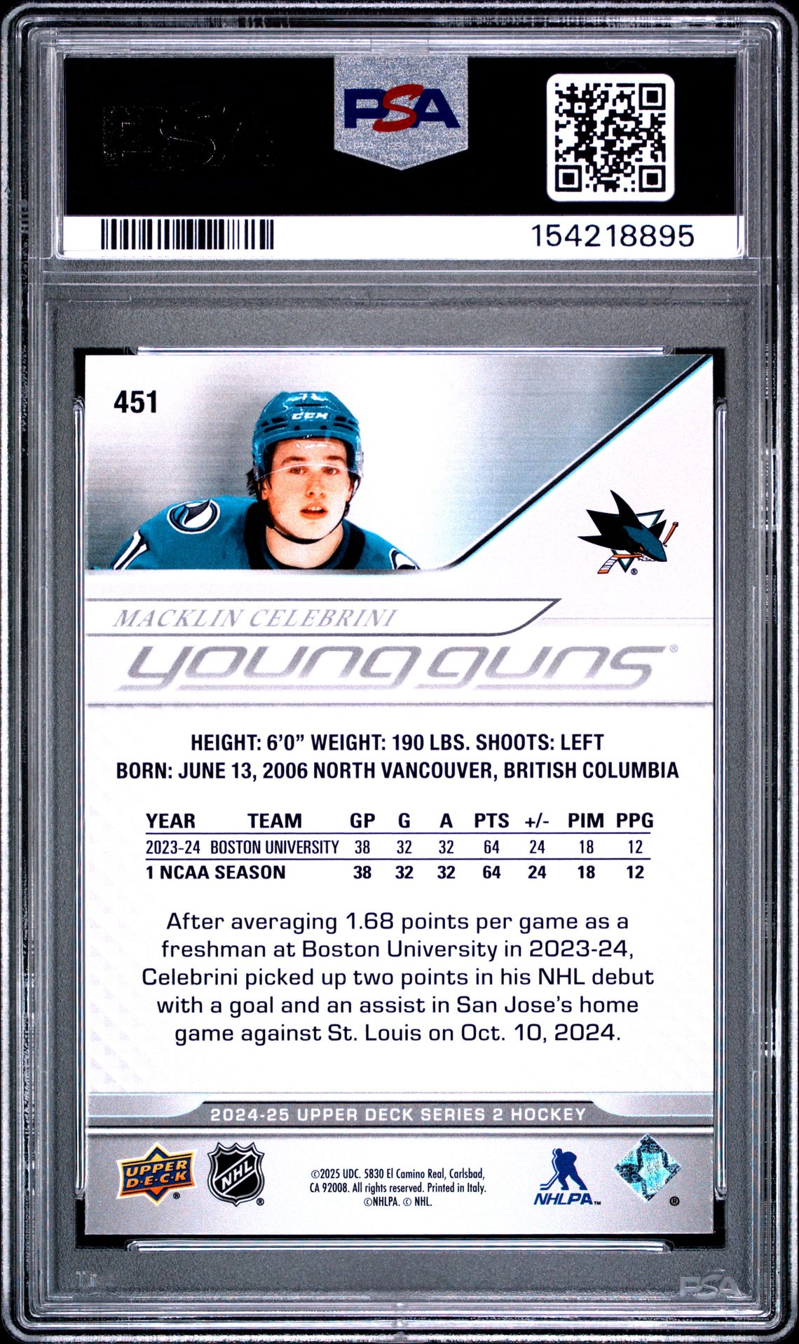 2024 Upper Deck Macklin Celebrini #451 Mint 9 back