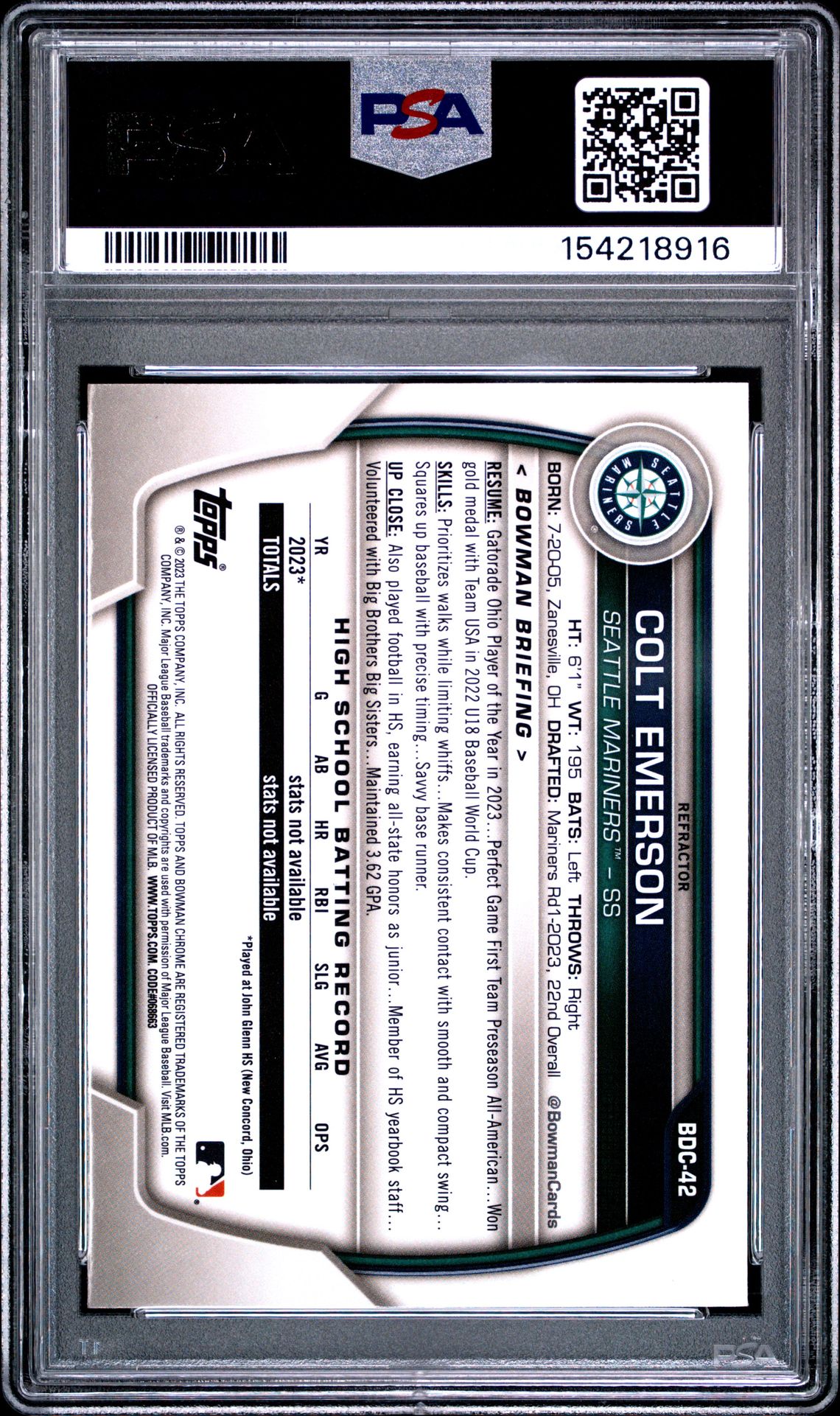 2023 Bowman Draft Colt Emerson #Bdc42 (Chrome-Refractor) Gem Mt 10 back