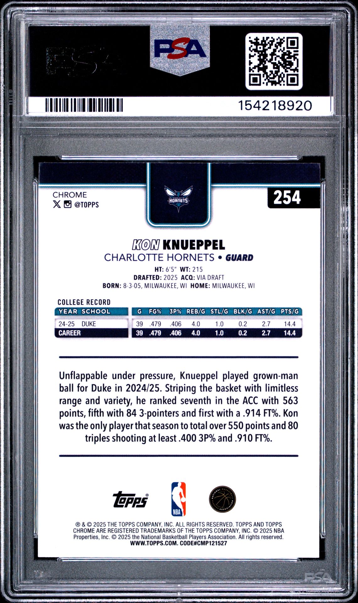 2025 Topps Chrome Kon Knueppel #254 (X-Fractor) Mint 9 back