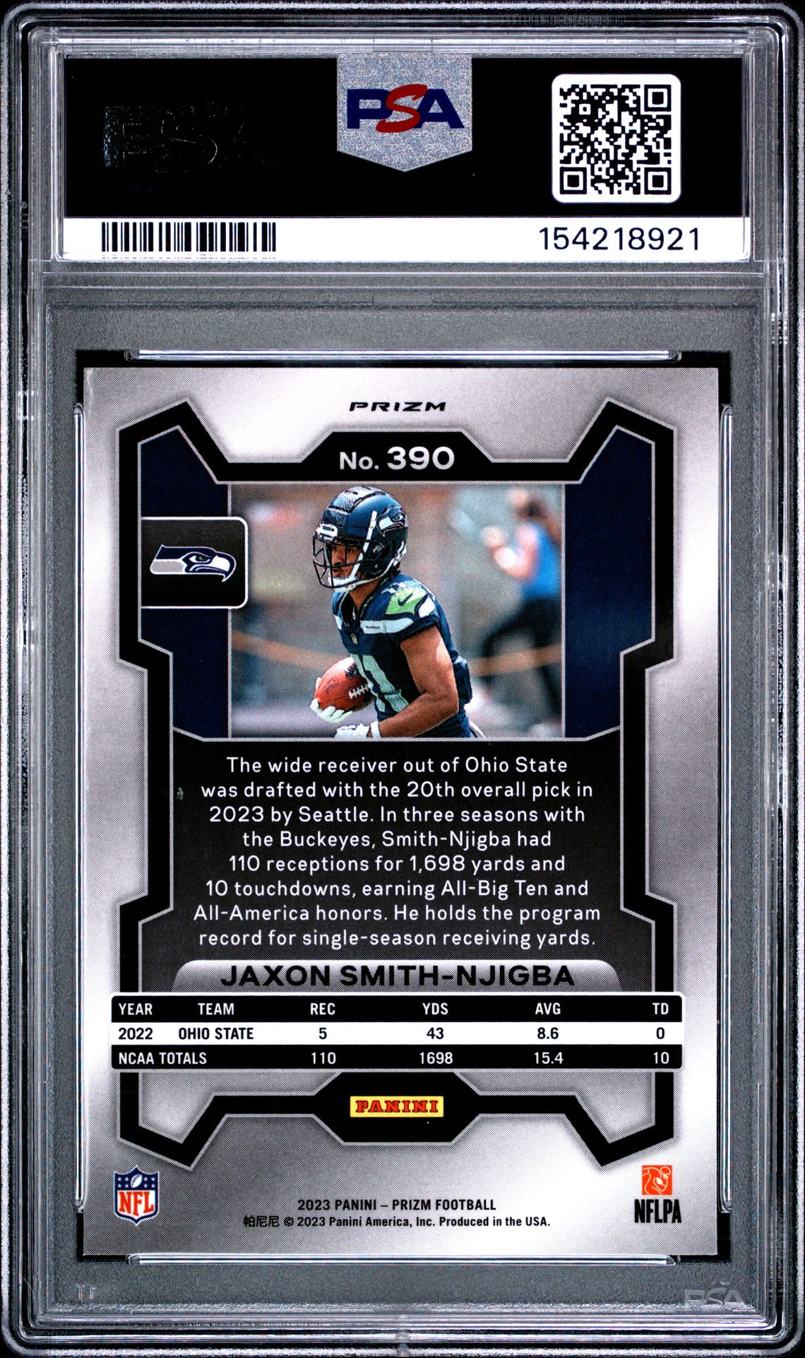 2023 Panini Prizm Jaxon Smith-Njigba #390 (Disco Prizm) Gem Mt 10 back view - PSA certificate #154218921