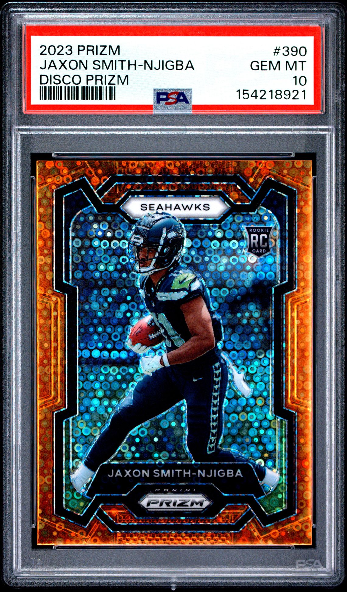 2023 Panini Prizm Jaxon Smith-Njigba #390 (Disco Prizm) Gem Mt 10 front view - PSA graded GEM MT 10