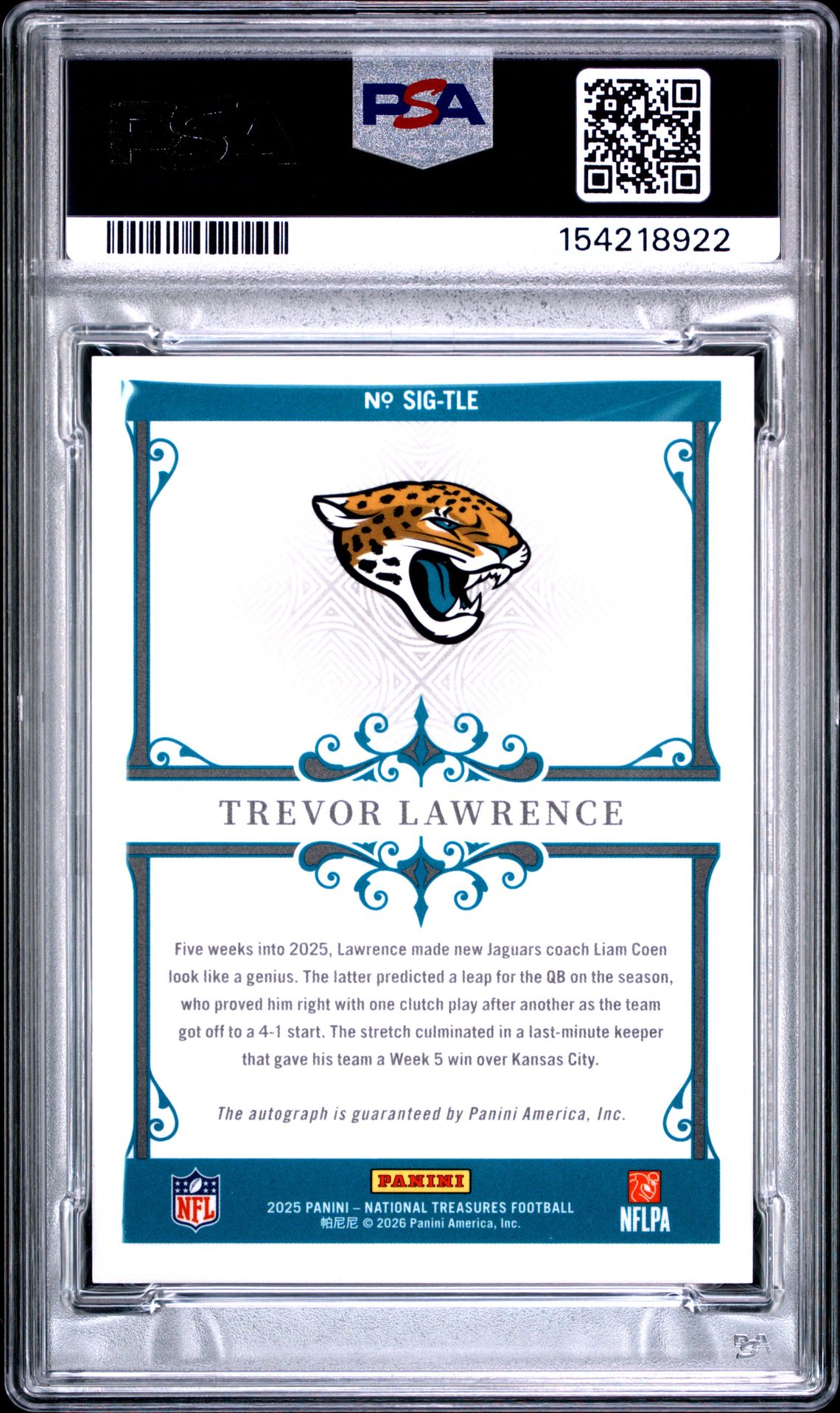 2025 Panini National Treasures Signatures Trevor Lawrence #Tle (Signatures) Mint 9 back