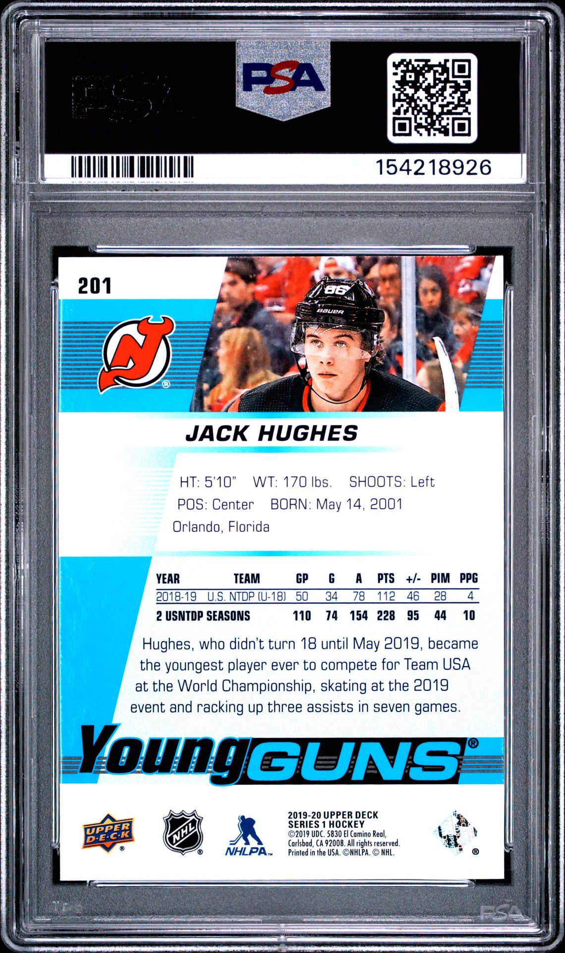 2019 Upper Deck Jack Hughes #201 Gem Mt 10 back