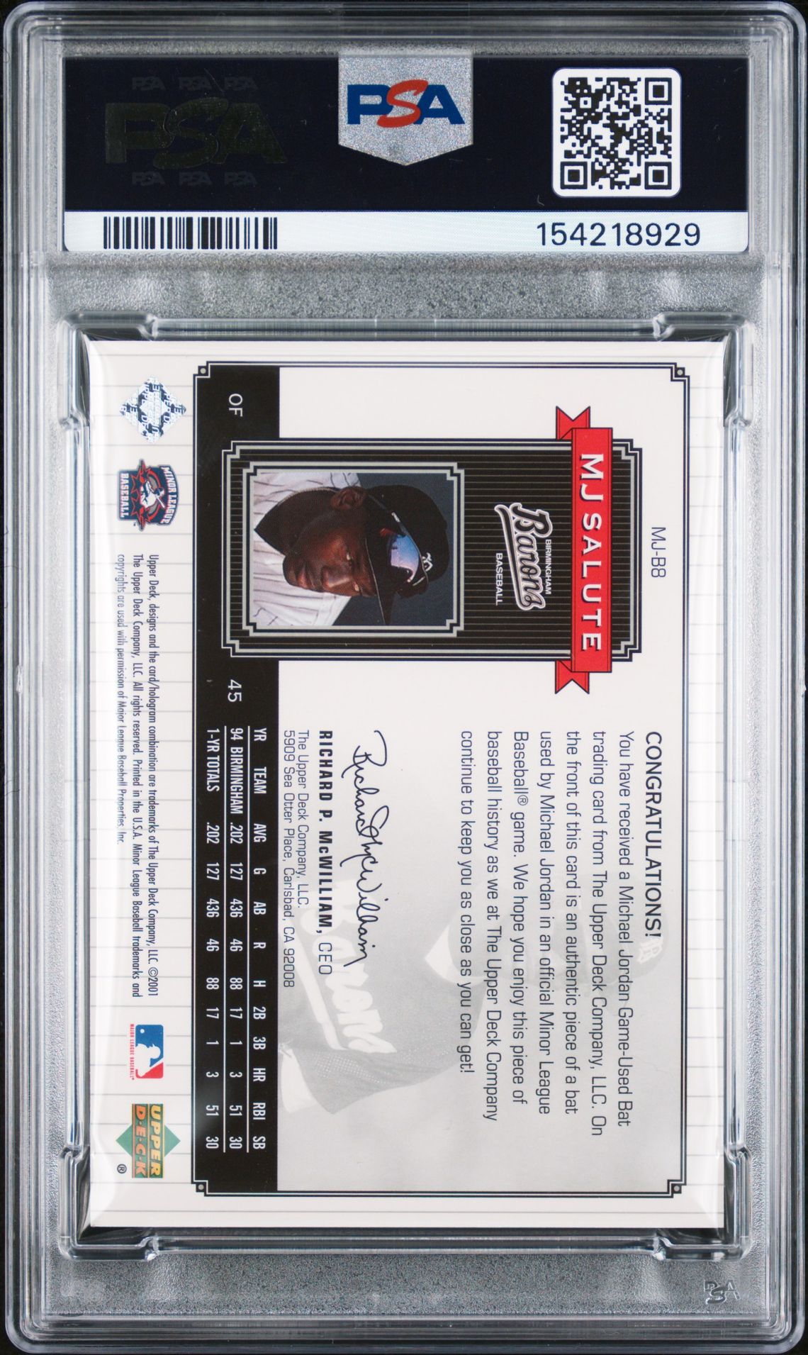 2001 Upper Deck Minor League Centennial Mj Salute-Bat Michael Jordan #Mj-B8 (Mj Salute-Bat) Nm-Mt 8 back