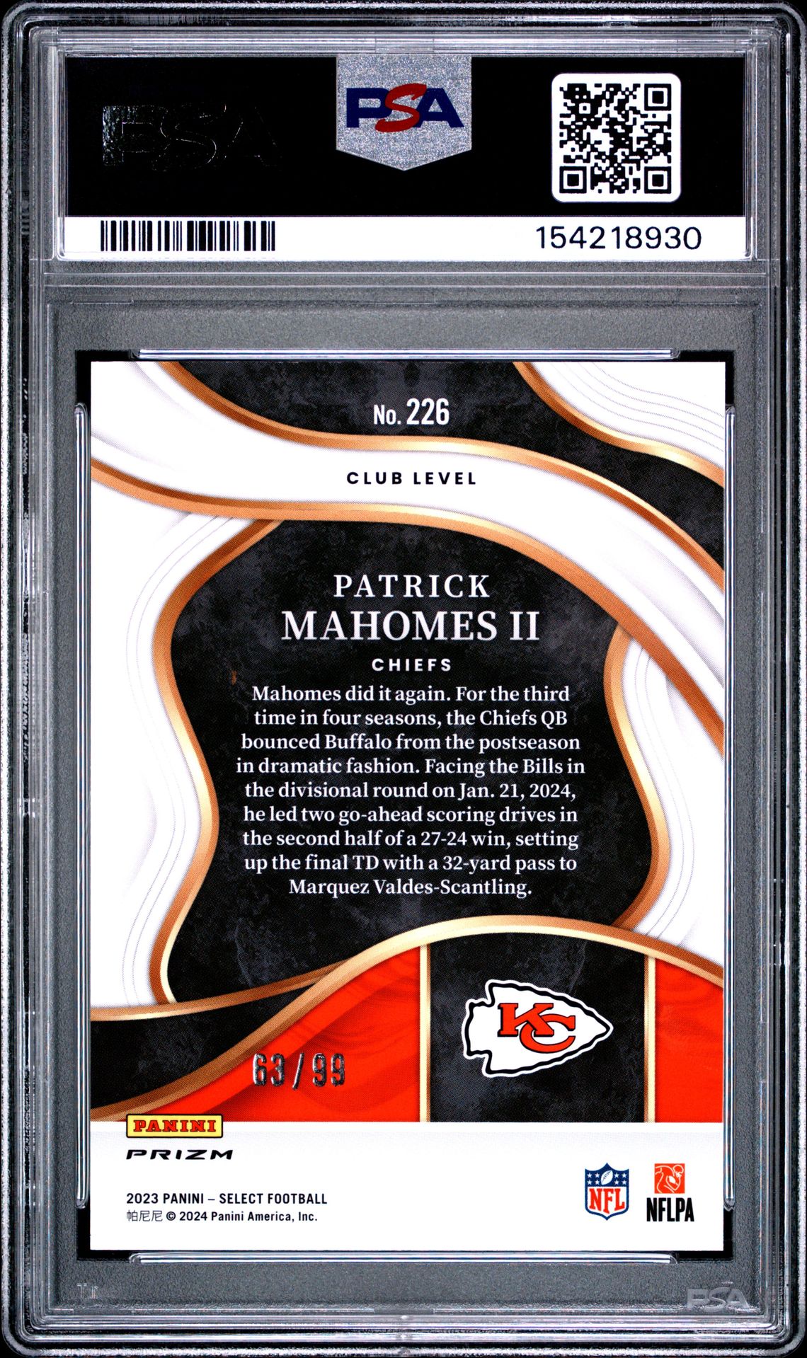 2023 Panini Select Patrick Mahomes Ii #226 (Blue Prizm) Gem Mt 10 back view - PSA certificate #154218930
