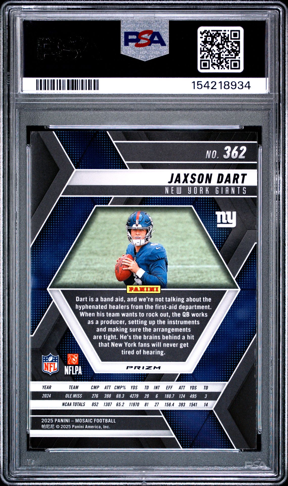 2025 PANINI MOSAIC JAXSON DART GREEN 362 GEM MT 10 back