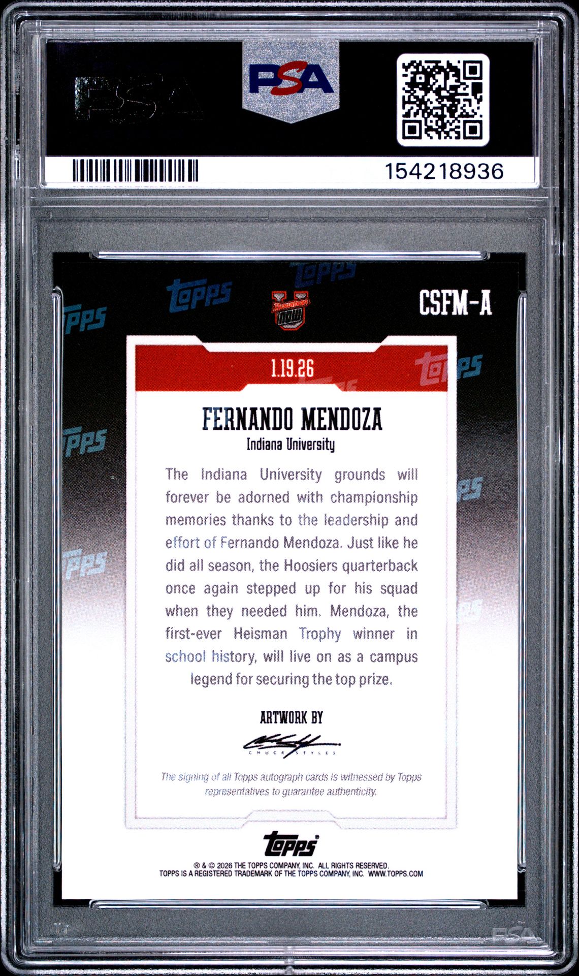 2025 Bowman U Now Art Card Fernando Mendoza #Csfm-A Gem Mt 10 back view - PSA certificate #154218936