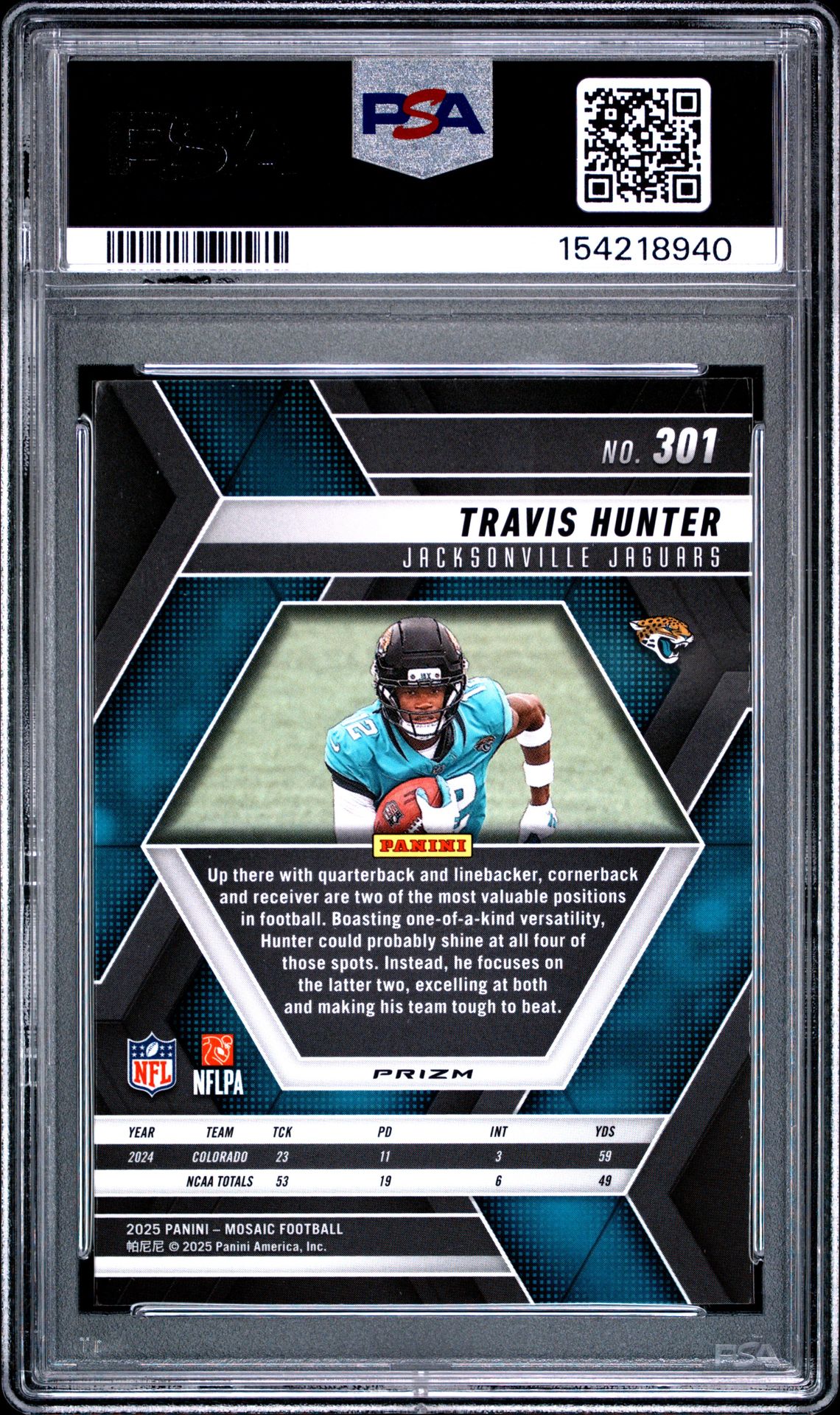 2025 Panini Mosaic Travis Hunter #301 (Red & White Stripe) Gem Mt 10 back