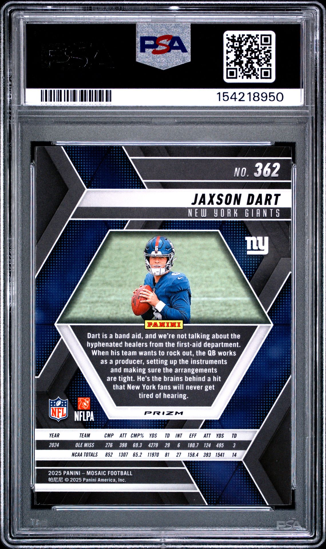 2025 Panini Mosaic Jaxson Dart #362 (Mosaic) Gem Mt 10 back view - PSA certificate #154218950