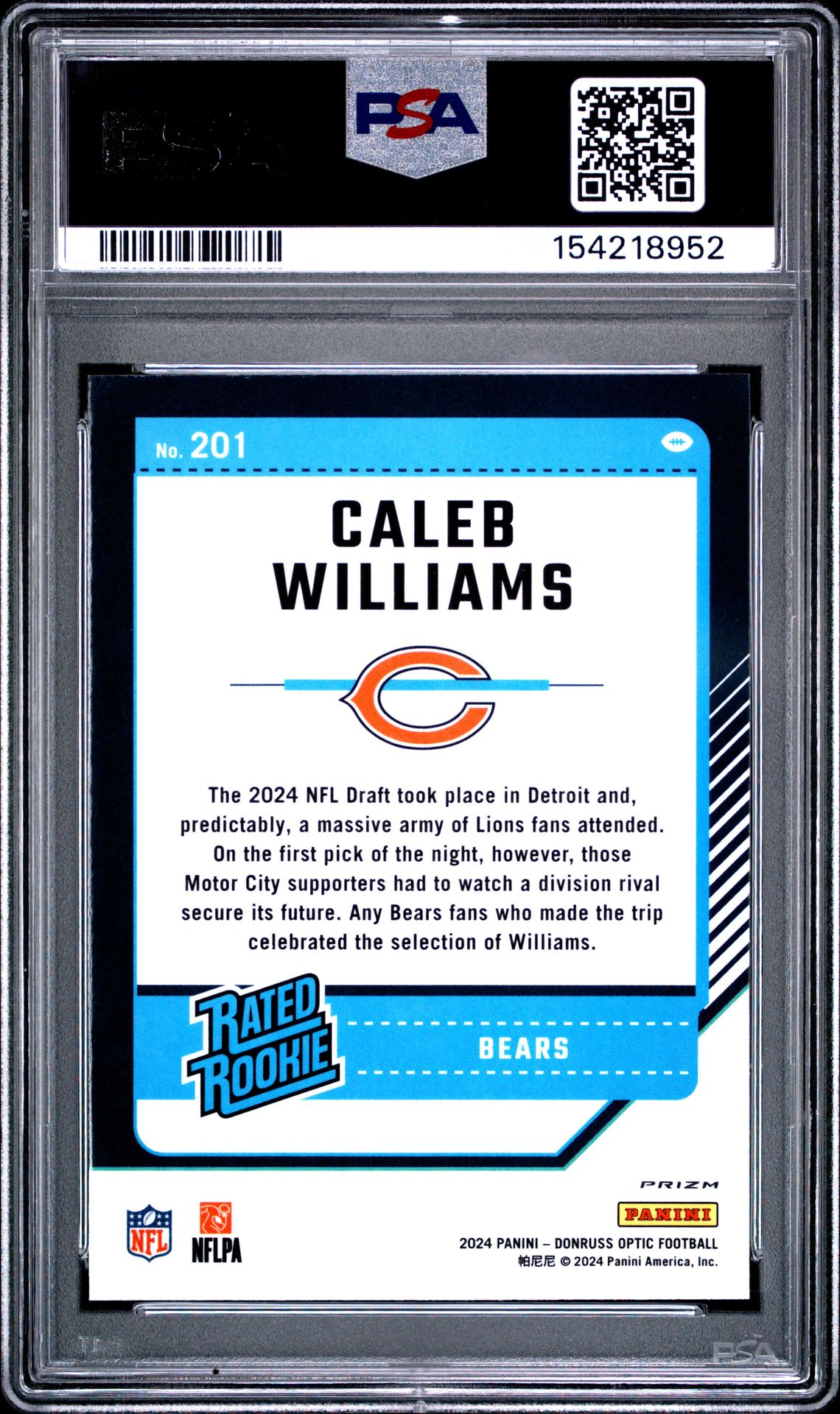 2024 Panini Donruss Optic Caleb Williams #201 (Purple Shock) Mint 9 back