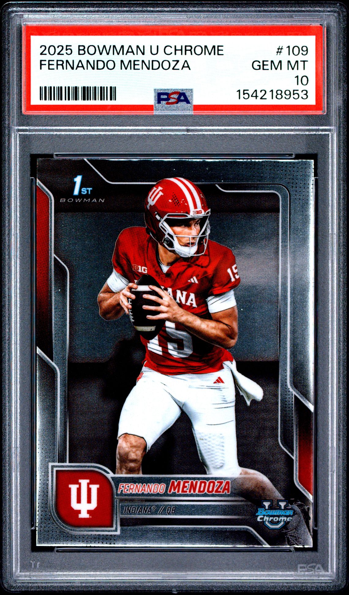 2025 Bowman University Chrome Fernando Mendoza #109 Gem Mt 10 front view - PSA graded GEM MT 10