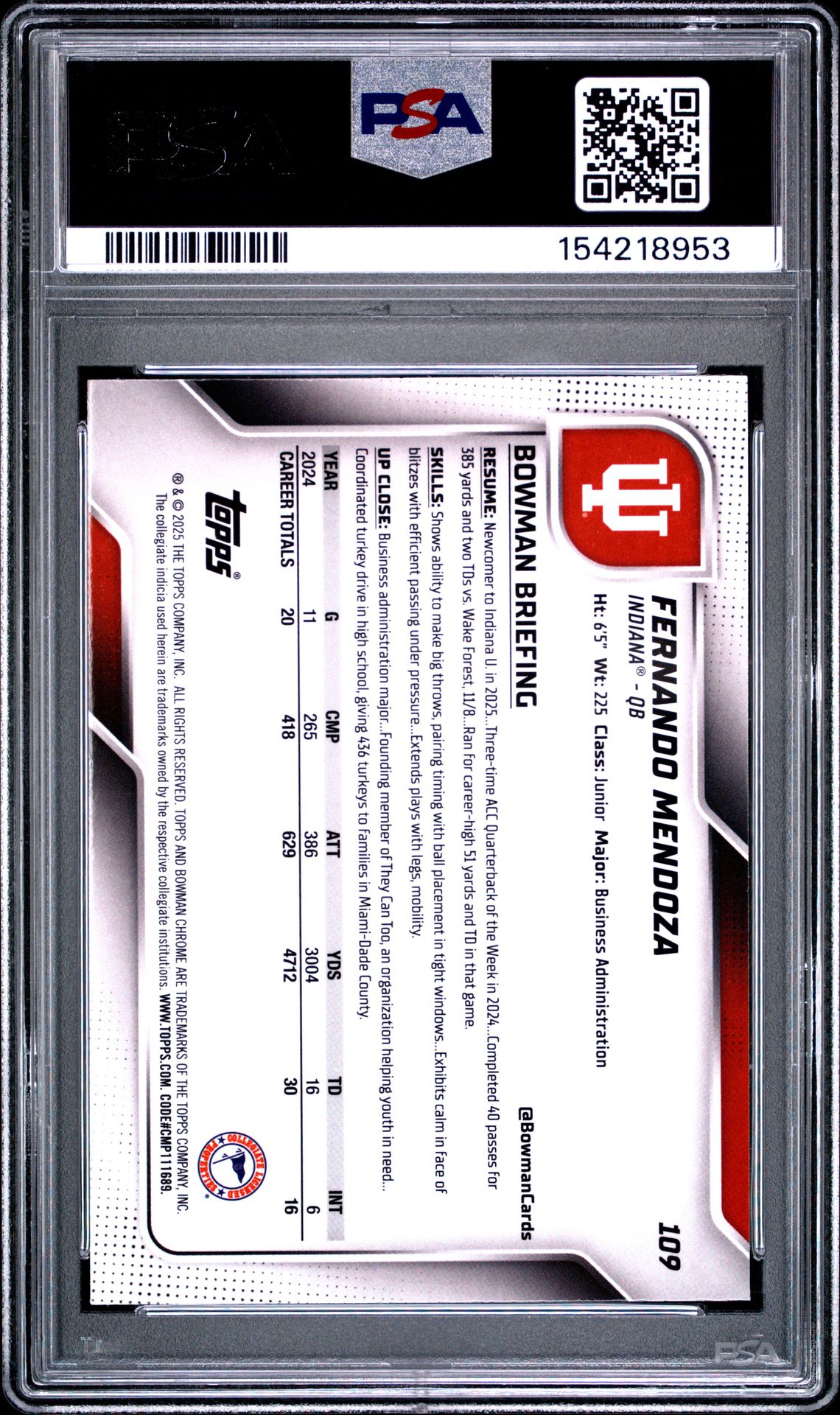 2025 Bowman University Chrome Fernando Mendoza #109 Gem Mt 10 back view - PSA certificate #154218953