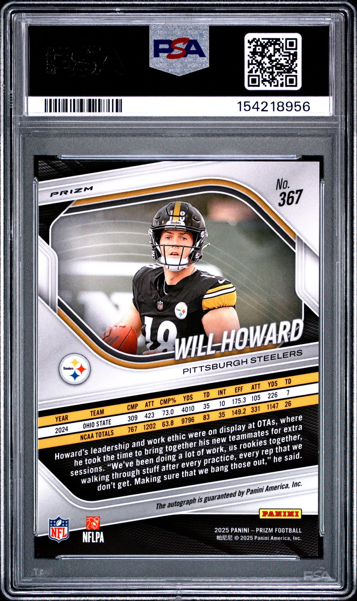2025 Panini Prizm Will Howard #367 (Autograph-Silver Prizm) Mint 9 back