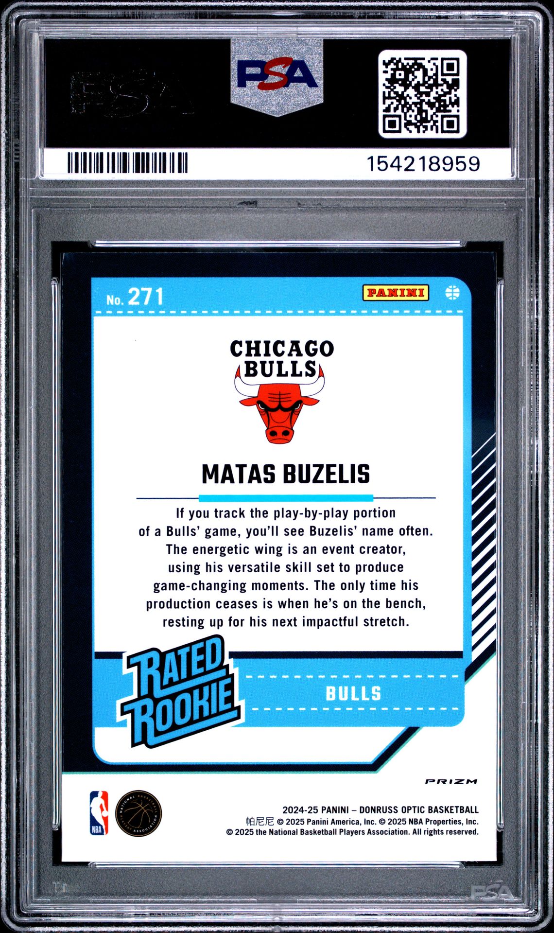 2024 Panini Donruss Optic Matas Buzelis #271 (Pink Hyper) Gem Mt 10 back view - PSA certificate #154218959