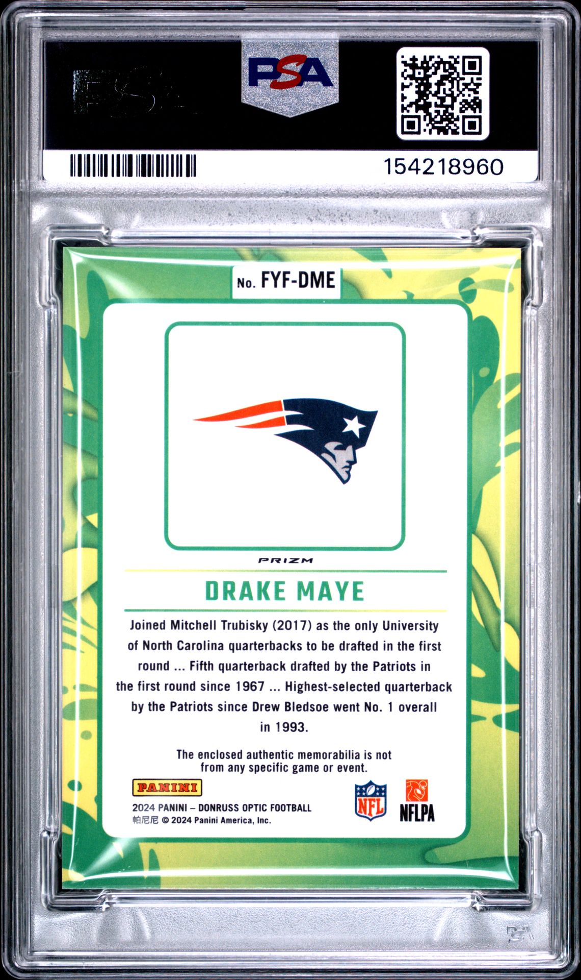 2024 Panini Donruss Optic First Year Fresh Relic Drake Maye #Fyfdme Nm-Mt 8 back