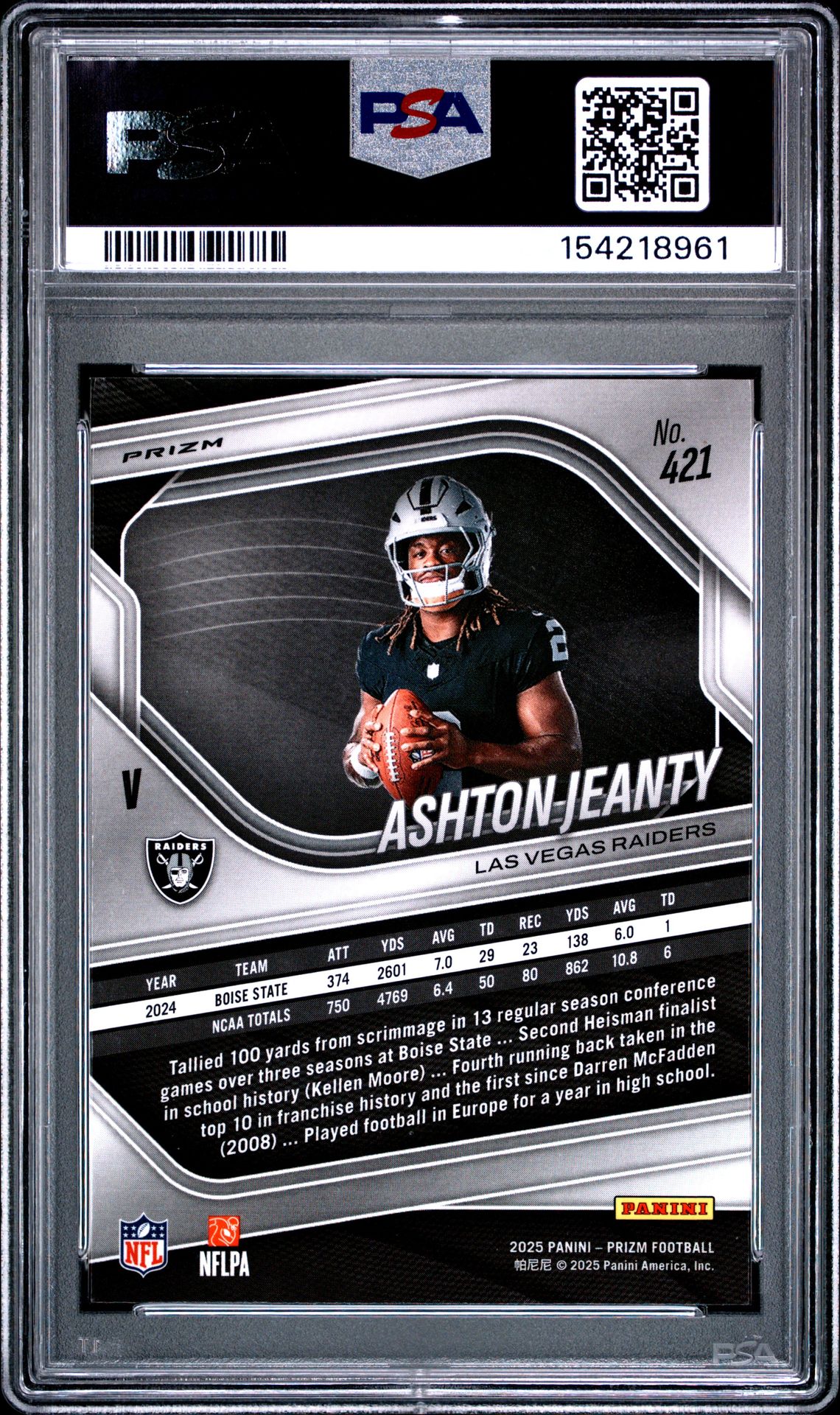 2025 Panini Prizm Ashton Jeanty #421 (Silver Prizm) Mint 9 back