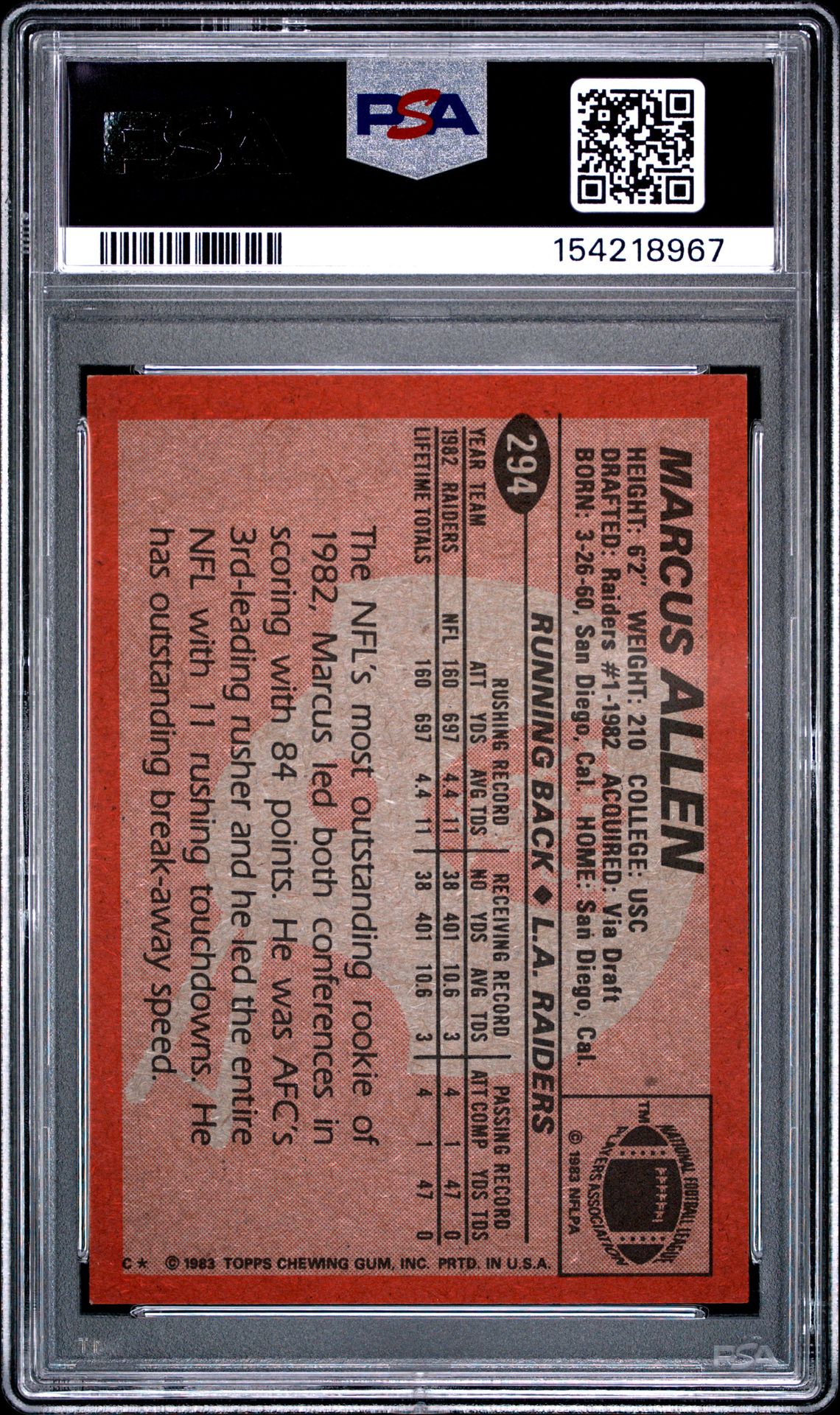 1983 Topps Marcus Allen #294 Nm 7 back