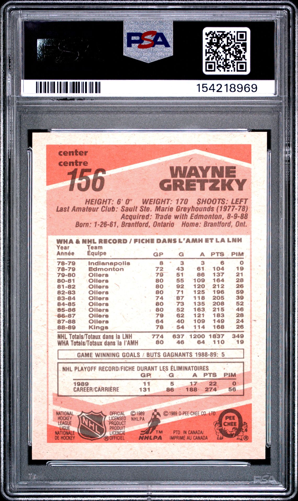 1989 O-Pee-Chee Wayne Gretzky #156 Nm 7 back