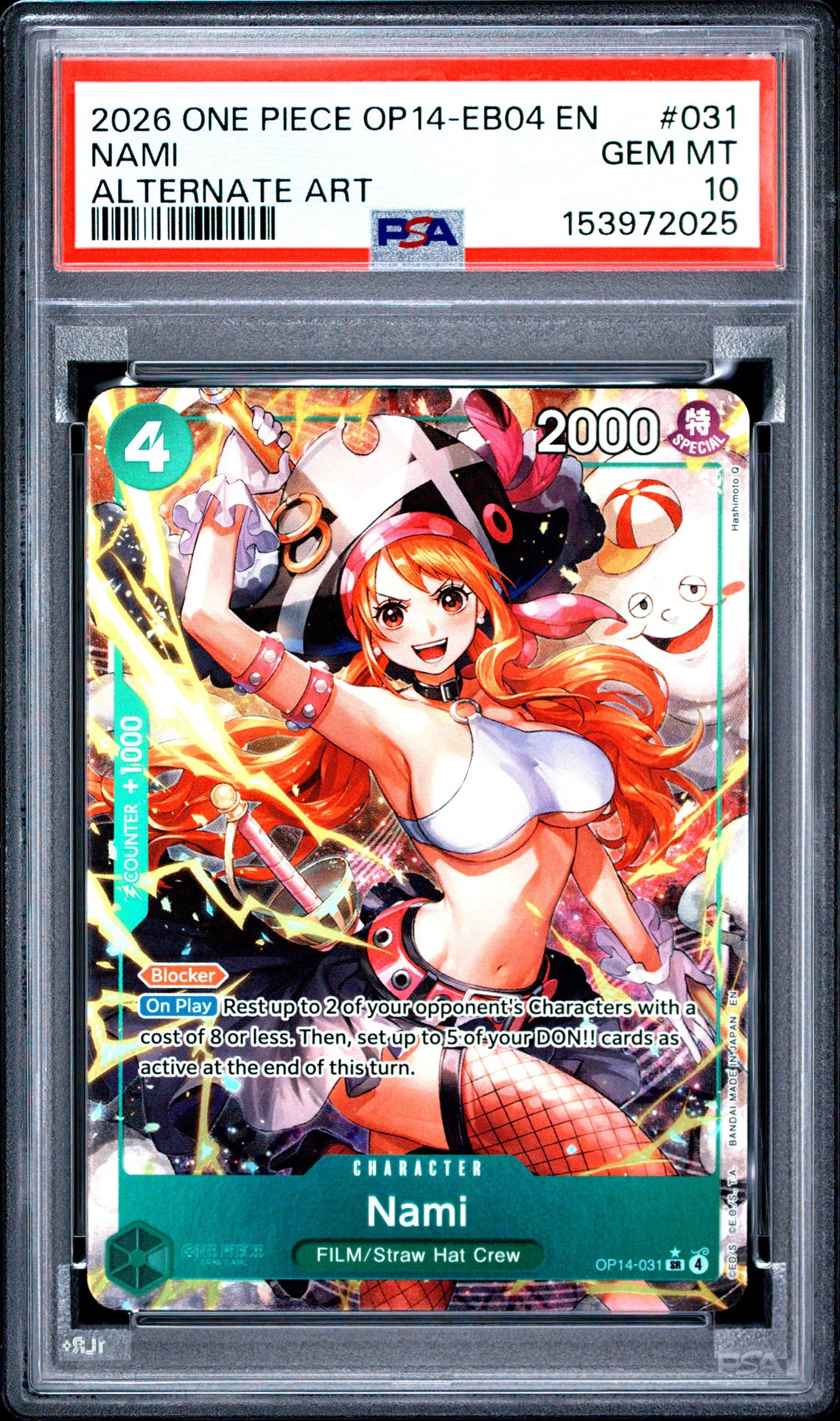 2026 One Piece Op14-Eb04-The Azure Sea's Seven Nami #031 (Alternate Art) Gem Mt 10 front view - PSA graded GEM MT 10