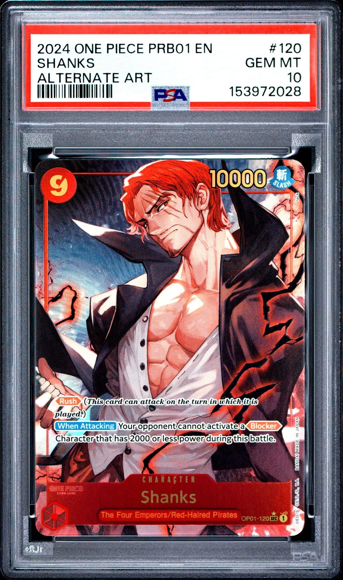 2024 One Piece Prb01-Premium Booster -One Piece Card The Best- Shanks #120 (Alternate Art) Gem Mt 10 front view - PSA graded GEM MT 10