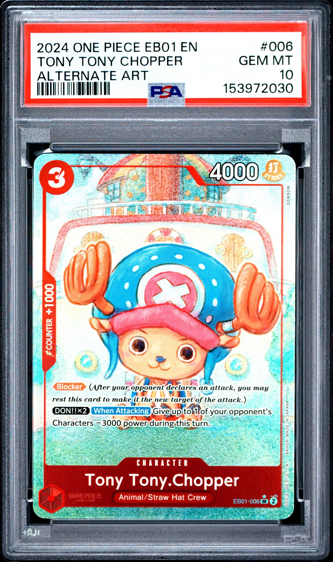 2024 One Piece Eb01-Extra Booster -Memorial Collection- Tony Tony Chopper #006 (Alternate Art) Gem Mt 10 front view - PSA graded GEM MT 10