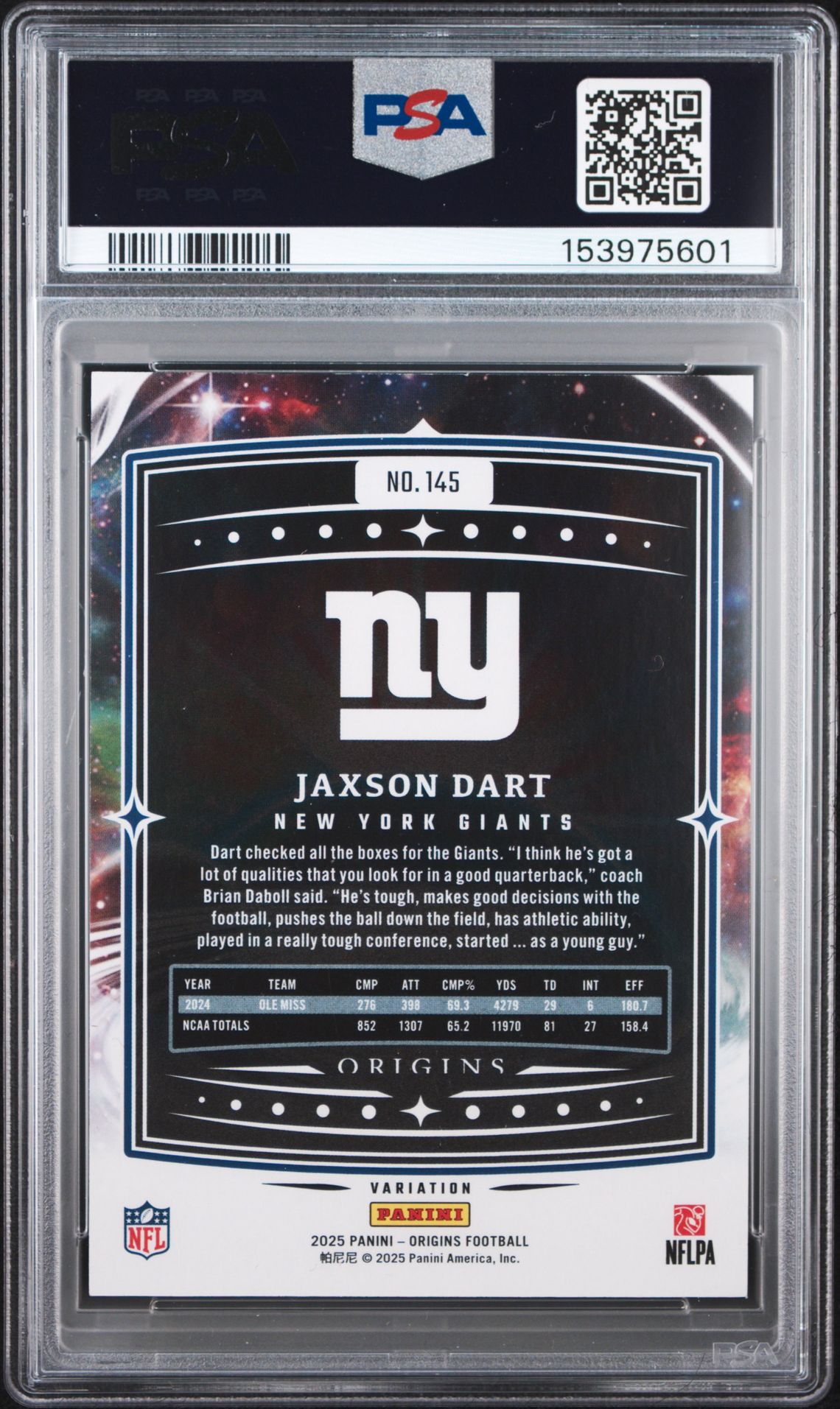 2025 Panini Origins Jaxson Dart #145 (Variation) Mint 9 back