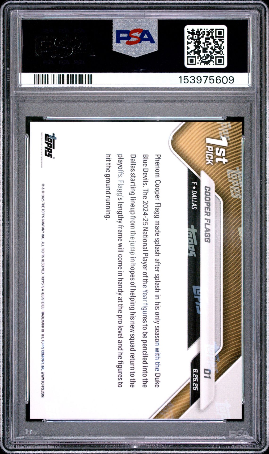 2025 Topps Now Draft Cooper Flagg #D1 Gem Mt 10 back view - PSA certificate #153975609