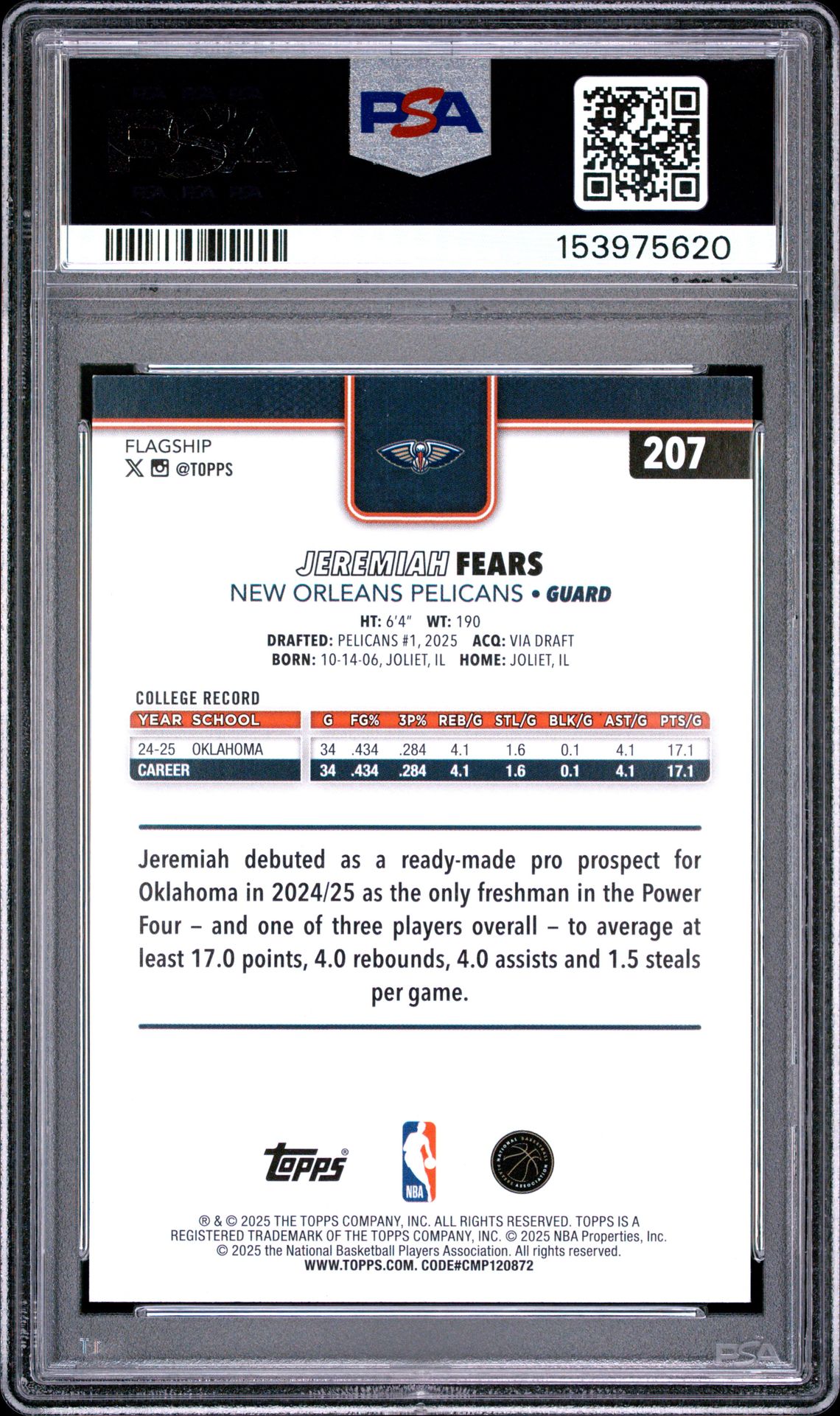 2025 Topps Jeremiah Fears #207 (Purple Holo Foil) Nm-Mt 8 back