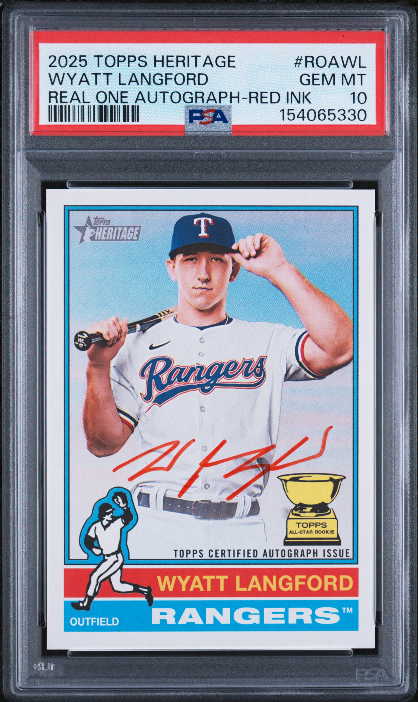2025 Topps Heritage Real One Autographs Wyatt Langford Red Ink #ROAWL PSA 10