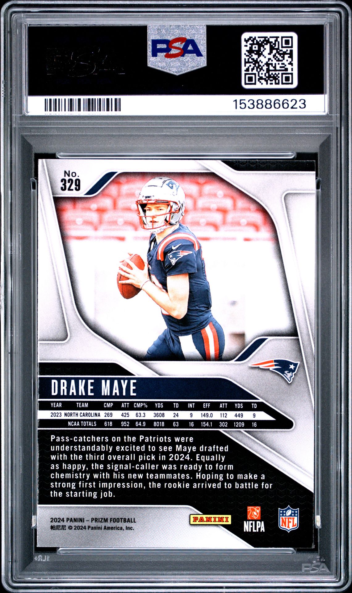 2024 Panini Prizm Drake Maye #329 Gem Mt 10 back view - PSA certificate #153886623