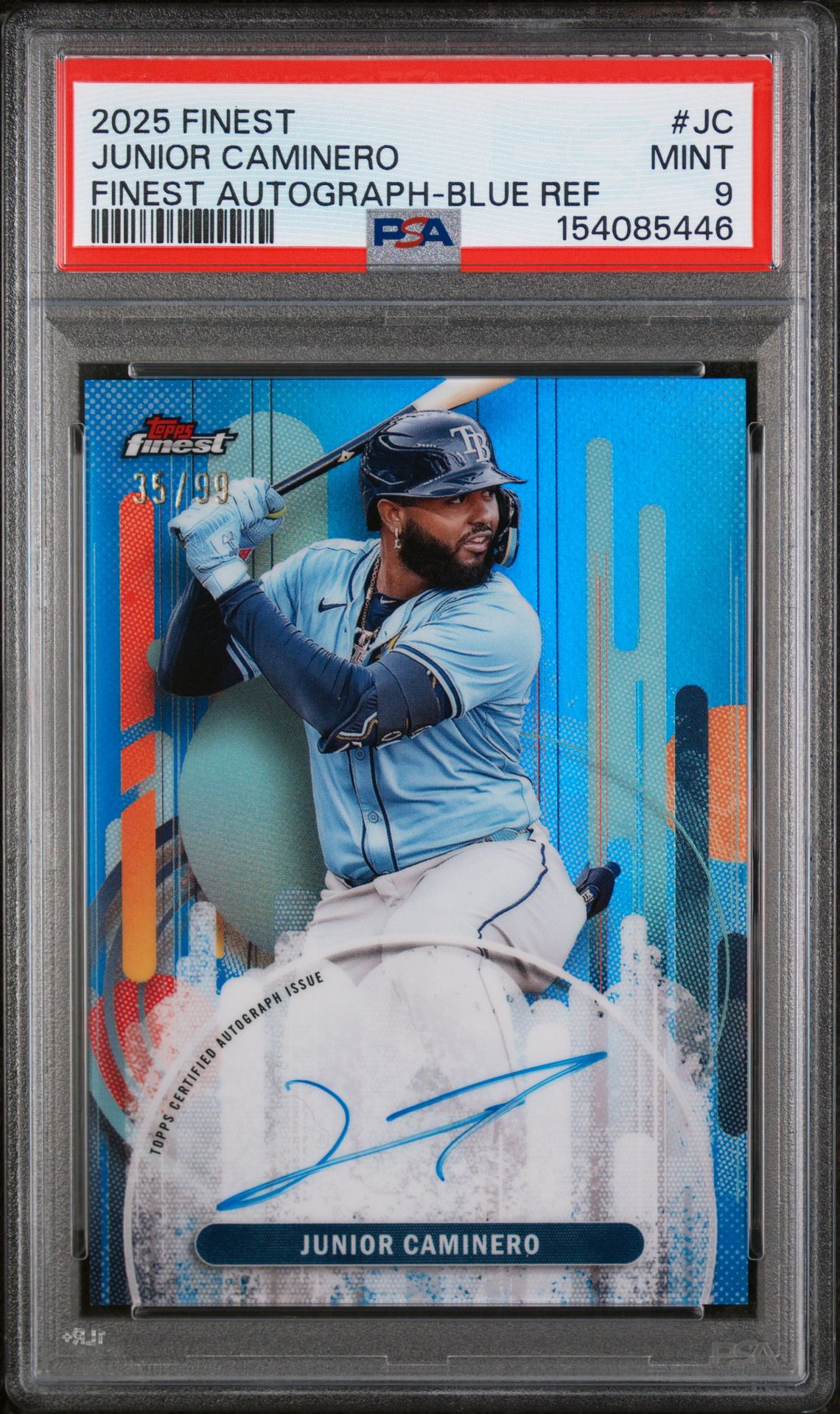 2025 Topps TOPPS FINEST FINEST AUTOGRAPHS Blue Refractor #JC Junior Caminero front