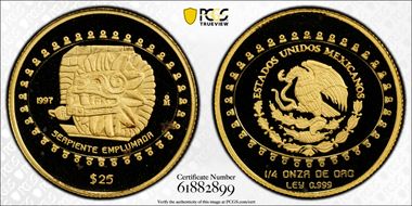 1997-Mo 25 Peso Serpiente Emplumada KM-624 Au PR69DCAM