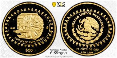 1997-Mo 50 Peso Serpiente Emplumada KM-625 Au PR68DCAM