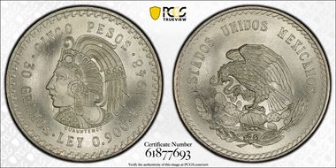 1948-Mo 5 Peso Cuauhtemoc KM-465  Ag MS67