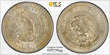 1948-Mo 5 Peso Cuauhtemoc KM-465  Ag N1
