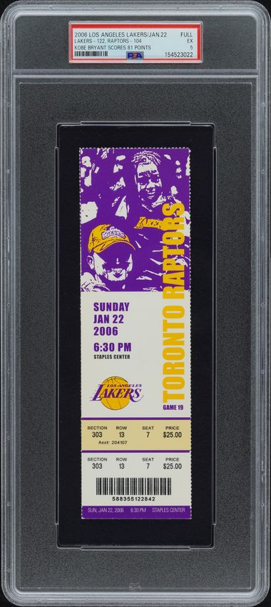 2006 Los Angeles Lakers Lakers-122,Raptors-104 Kobe Scores 81 Points Full Ticket, PSA 5
