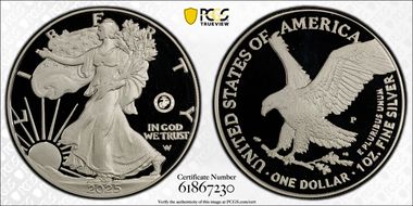 2025-P $1 Silver Eagle w/ US Marine Corps Privy 250th Anniversary PR69DCAM