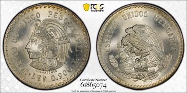 1947-Mo 5 Peso Cuauhtemoc KM-465 Ag MS65