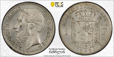1886 1 Fr DER BELGEN w/ Dot KM-29.1 Ag MS64