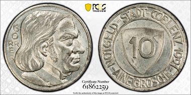 1921 10 Pfg Funck-80.5 Coblenz MS64
